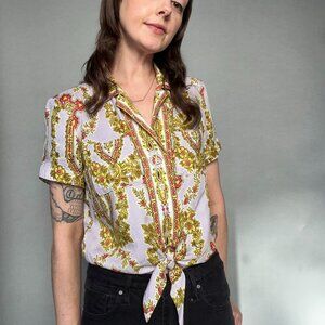 Size 2 | Anthropologie Maeve Echarpe Cropped Tie-Front Blouse Brocade Pattern